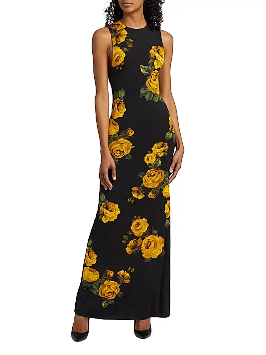 Alice + Olivia Delora Rose Print Sleeveless Maxi Dress