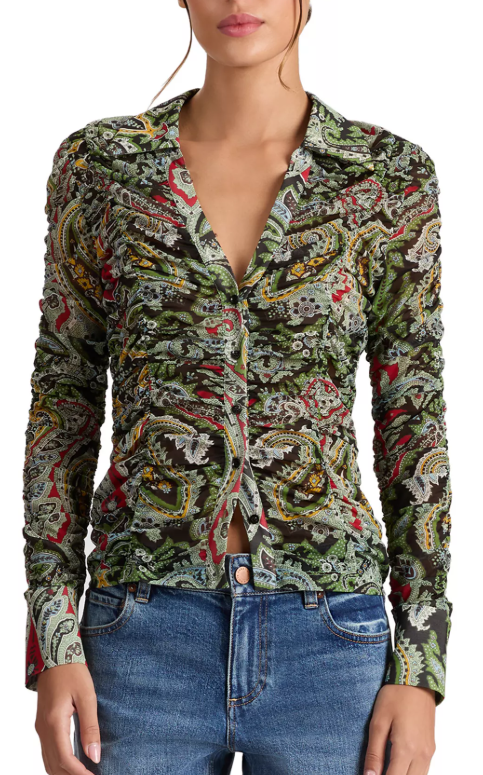 Alice & Olivia Portia Paisley Ruched Mesh Top