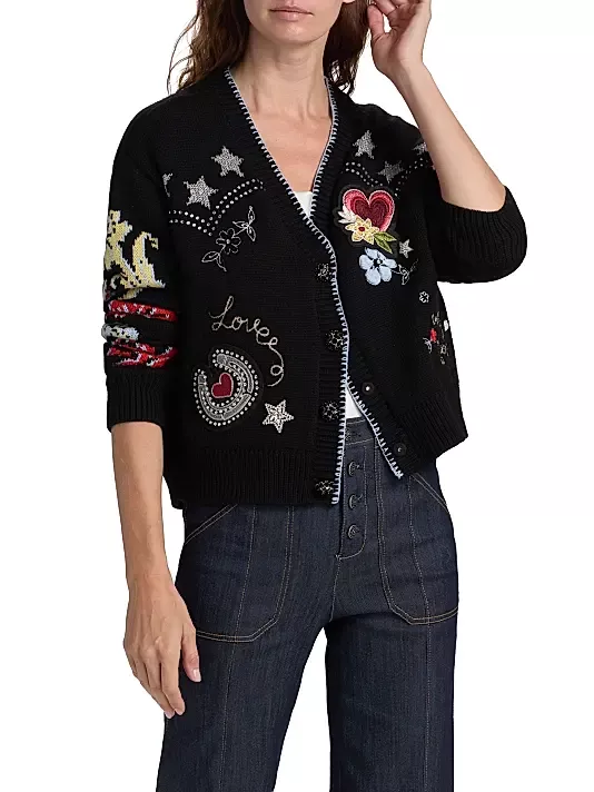 Cinq à Sept Western Embroidered Wool-Blend Collage Cardigan