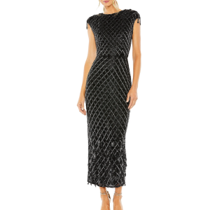 Mac Duggal Crystal Fringe Cap Sleeve Dress