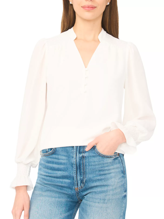 CeCe Half Placket Smocked Top