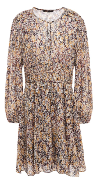 Maje Gathered Printed Metallic Fil Coupé Dress
