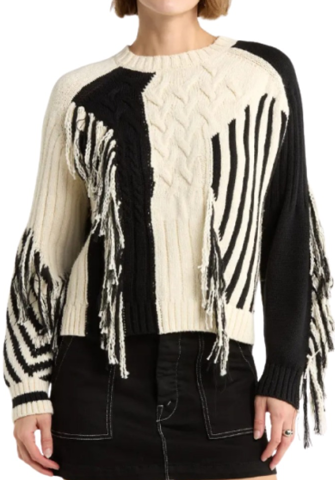 Mother The Jumper Colorblock Cable Stitch Fringe Sweater