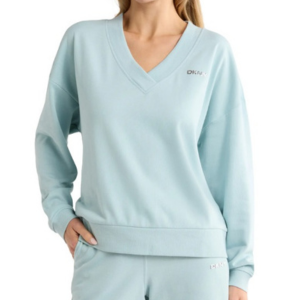 DKNY V-Neck Cotton Blend French Terry Sweatshirt