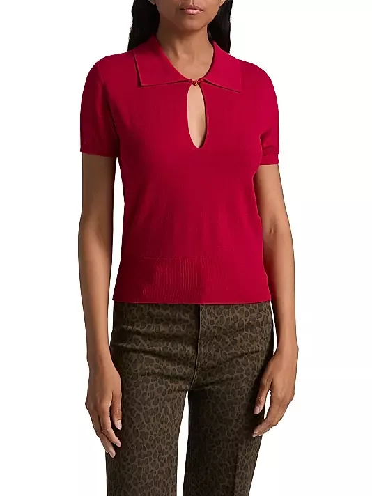 Frame Keyhole Knit Polo Sweater