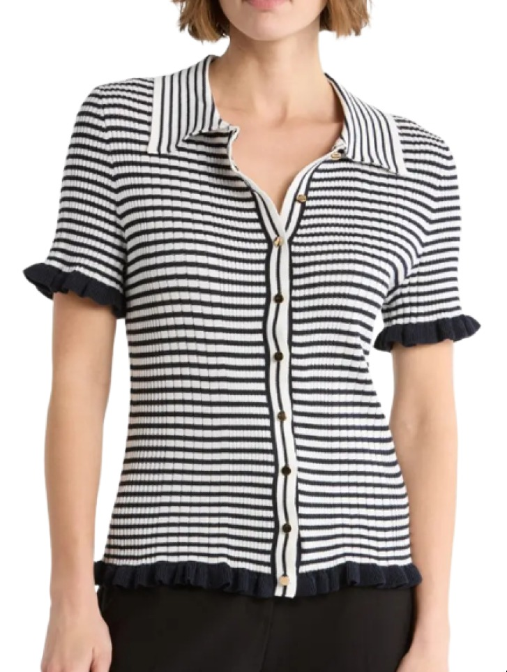 Elie Tahari Rib Stripe Short Sleeve Cardigan