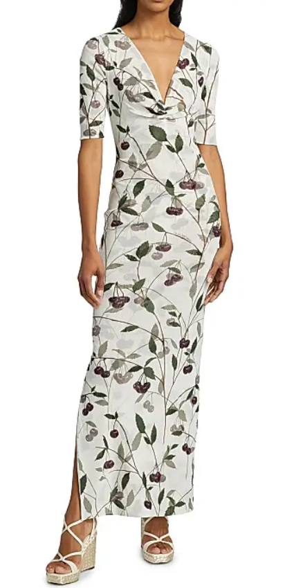 Stella McCartney Cherry Print V-Neck Body-Con Gown