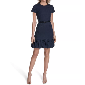 Calvin Klein Women's Bubble Hem Belted Crewneck Dress