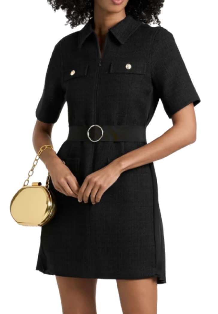 Sandro Belted Pleated Crepe De Chine & Tweed Mini Shirt Dress