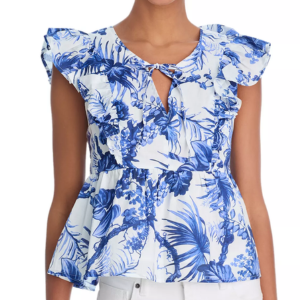 Aqua Floral Top w/Flutter Sleeves