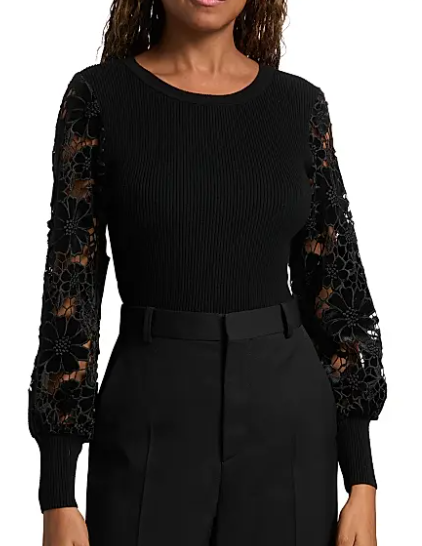 Milly Velvet Lace-Sleeve Rib-Knit Sweater