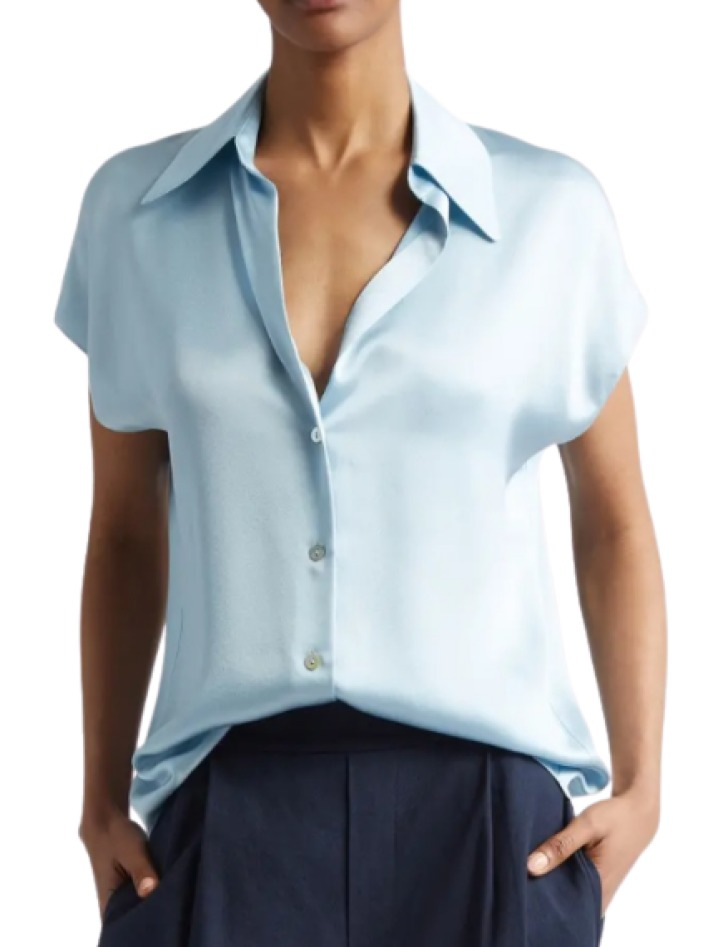 Vince Cap Sleeve Gathered Back Silk Button-Up Shirt