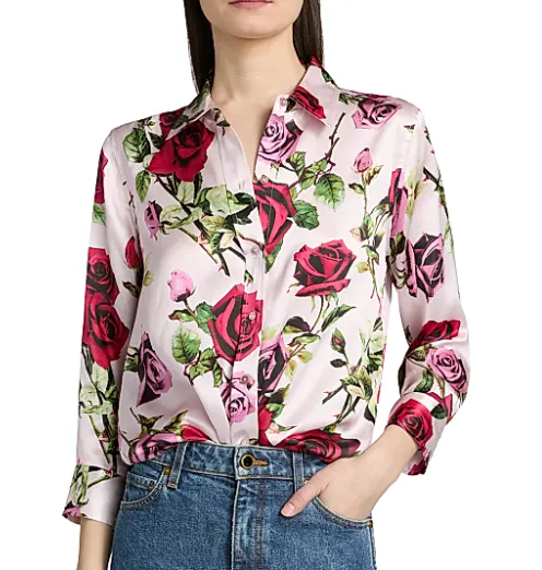 Lagence Dani Rose Print Silk Button-Front Shirt