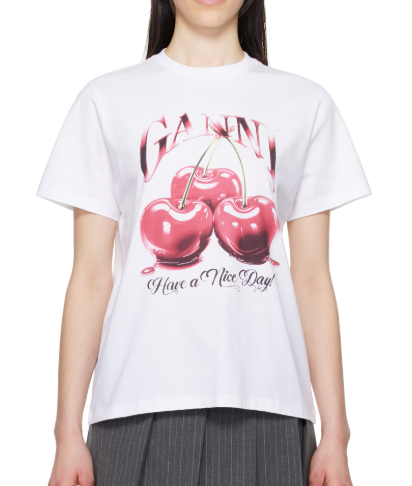 Ganni White Basic Jersey Cherry Relaxed T-shirt