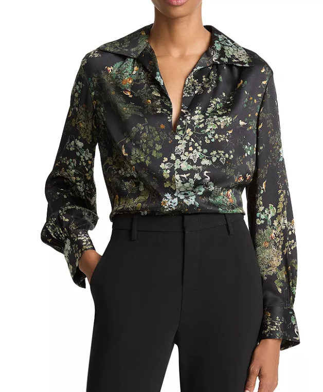 Vince Grape Vine Placed Smocked Silk Blouse
