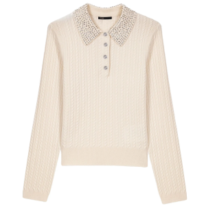 Maje Knit Polo Shirt w/Rhinestone Collar