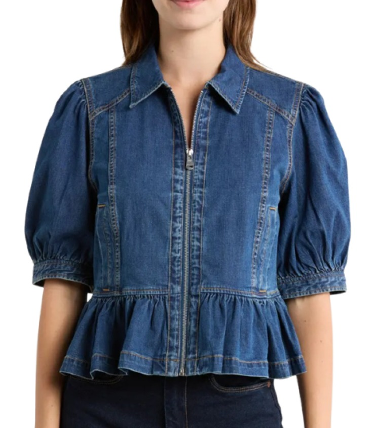 Cinq A Sept Daphne Puff Sleeve Peplum Denim Jacket