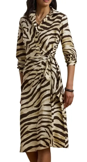 Ralph Lauren Zebra Print Tie Waist Crepe Shirtdress