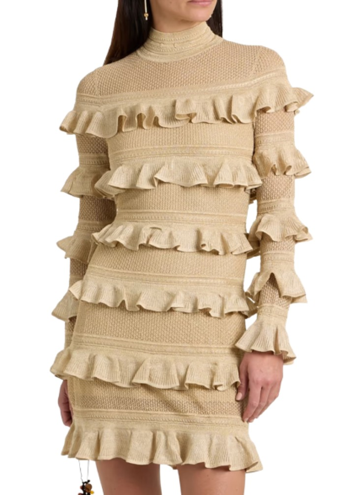 Zimmermann Ruffled Metallic Pointelle-Knit Mini Dress