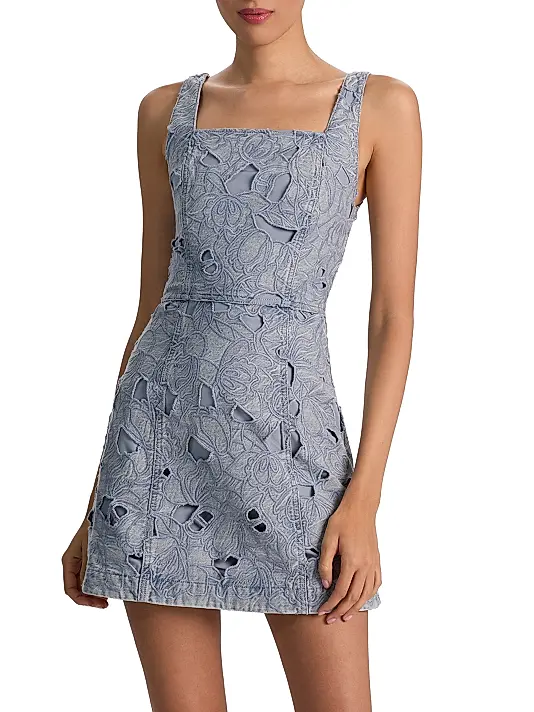 Alice + Olivia Maryann Laser-Cut Cotton Denim Minidress