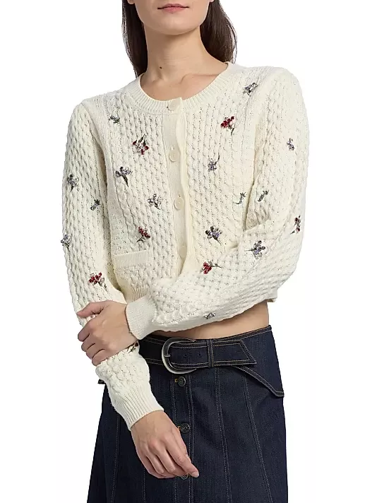 Cinq à Sept Rasa Embellished Cable-Knit Cardigan