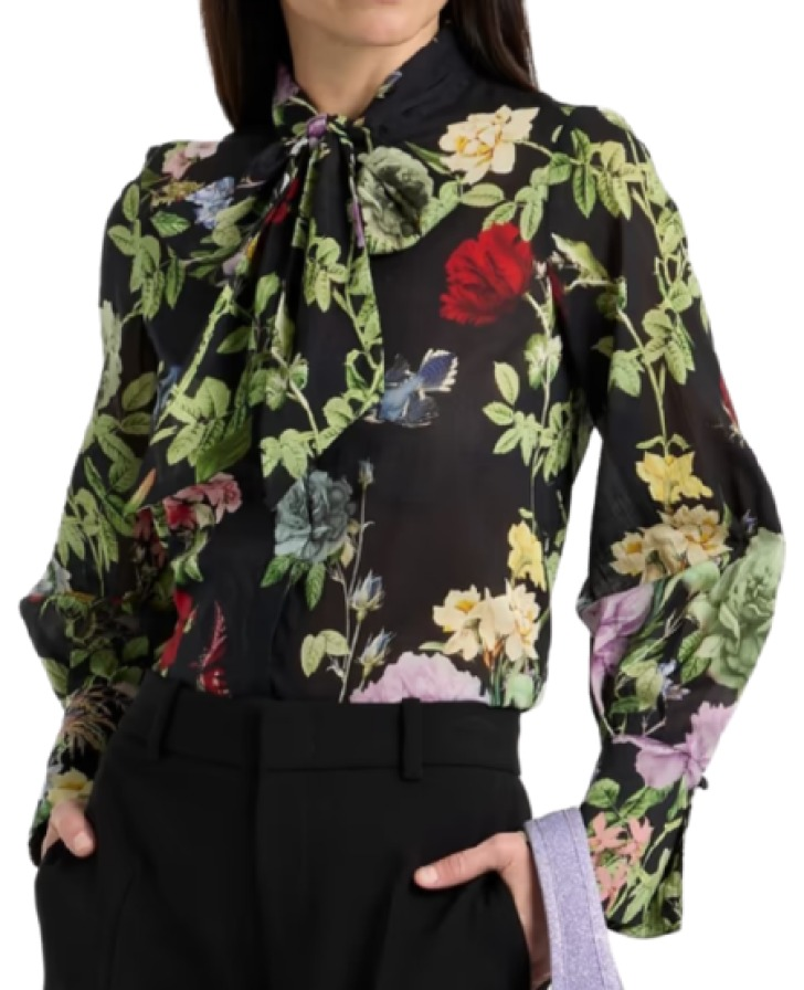 Alice+Olivia Floral Cotton Pussy-Bow Top