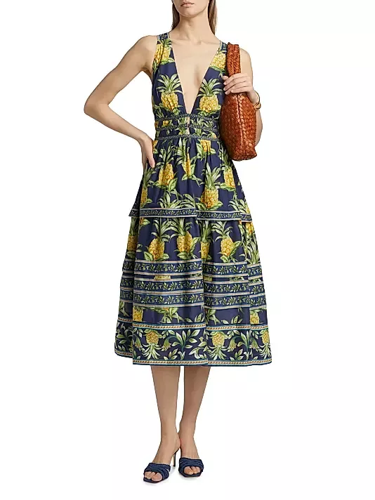 Farm Rio Delicate Pineapple Midi-Dress